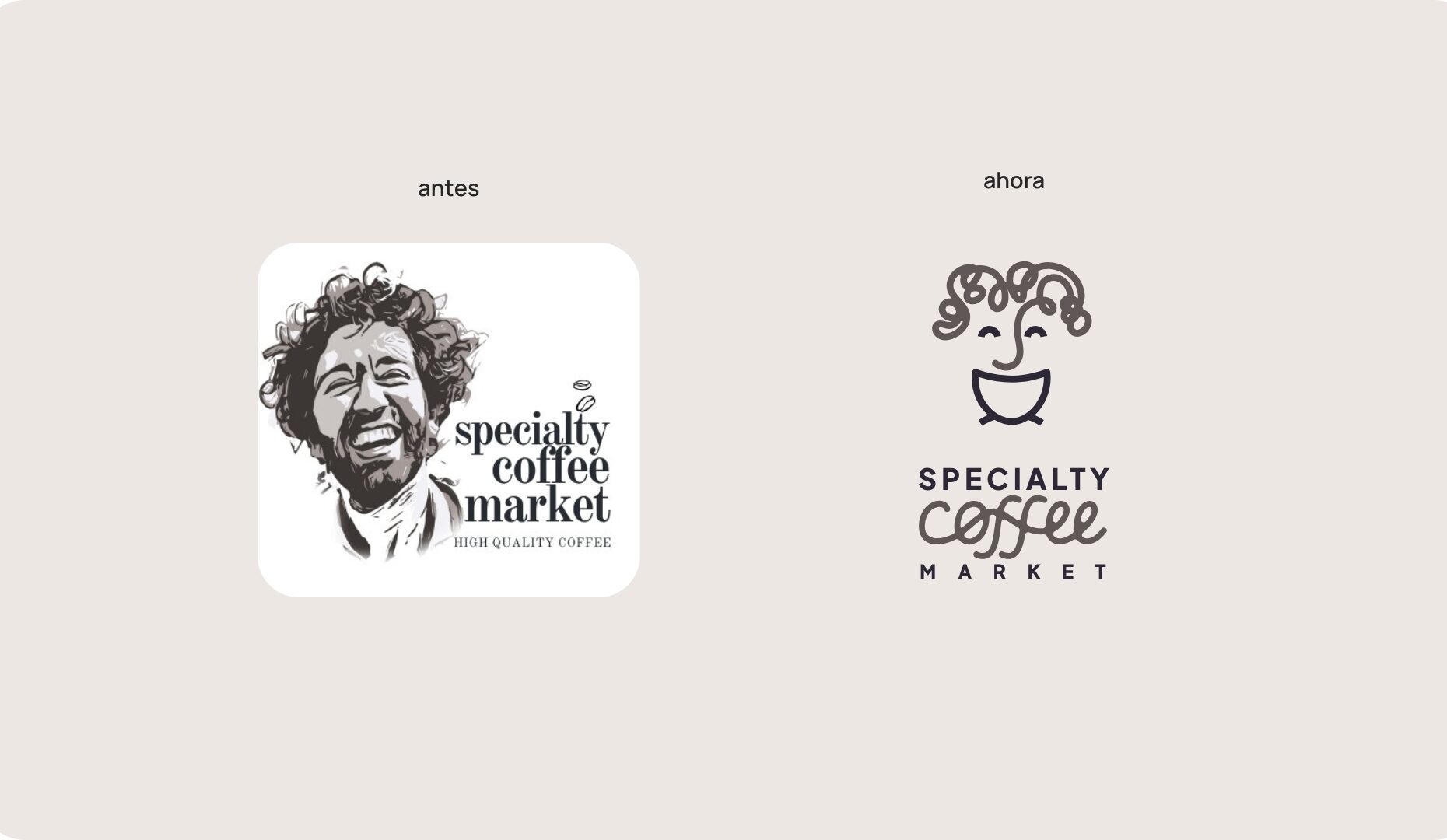 Comparativa entre el antiguo logotipo de Specialty Coffee Market con un retrato detallado, y el nuevo imagotipo simplificado con un diseño más moderno, cálido y funcional.