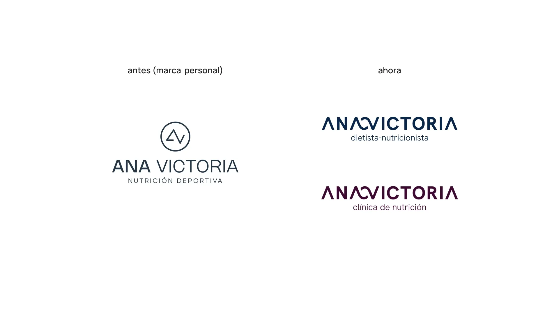 Comparación visual entre el logotipo anterior de Ana Victoria como marca personal y el rediseño actual de sus dos marcas: personal y clínica de nutrición.