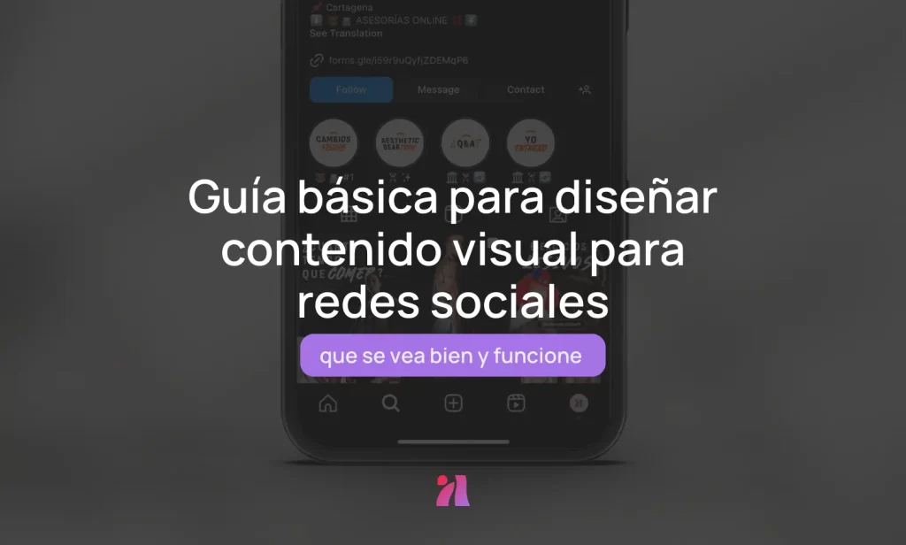 Portada con el título “Guía básica para diseñar contenido visual para redes sociales”, sobre la interfaz de un perfil de Instagram en fondo oscuro.