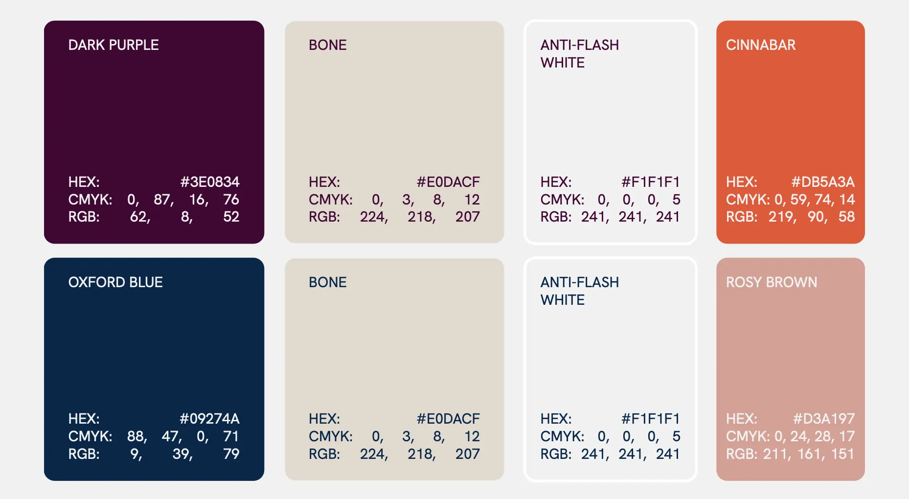 Paleta cromática de la identidad visual de ANAVICTORIA, con tonos como Dark Purple, Cinnabar, Rosy Brown, Oxford Blue y neutros como Bone y Anti-Flash White