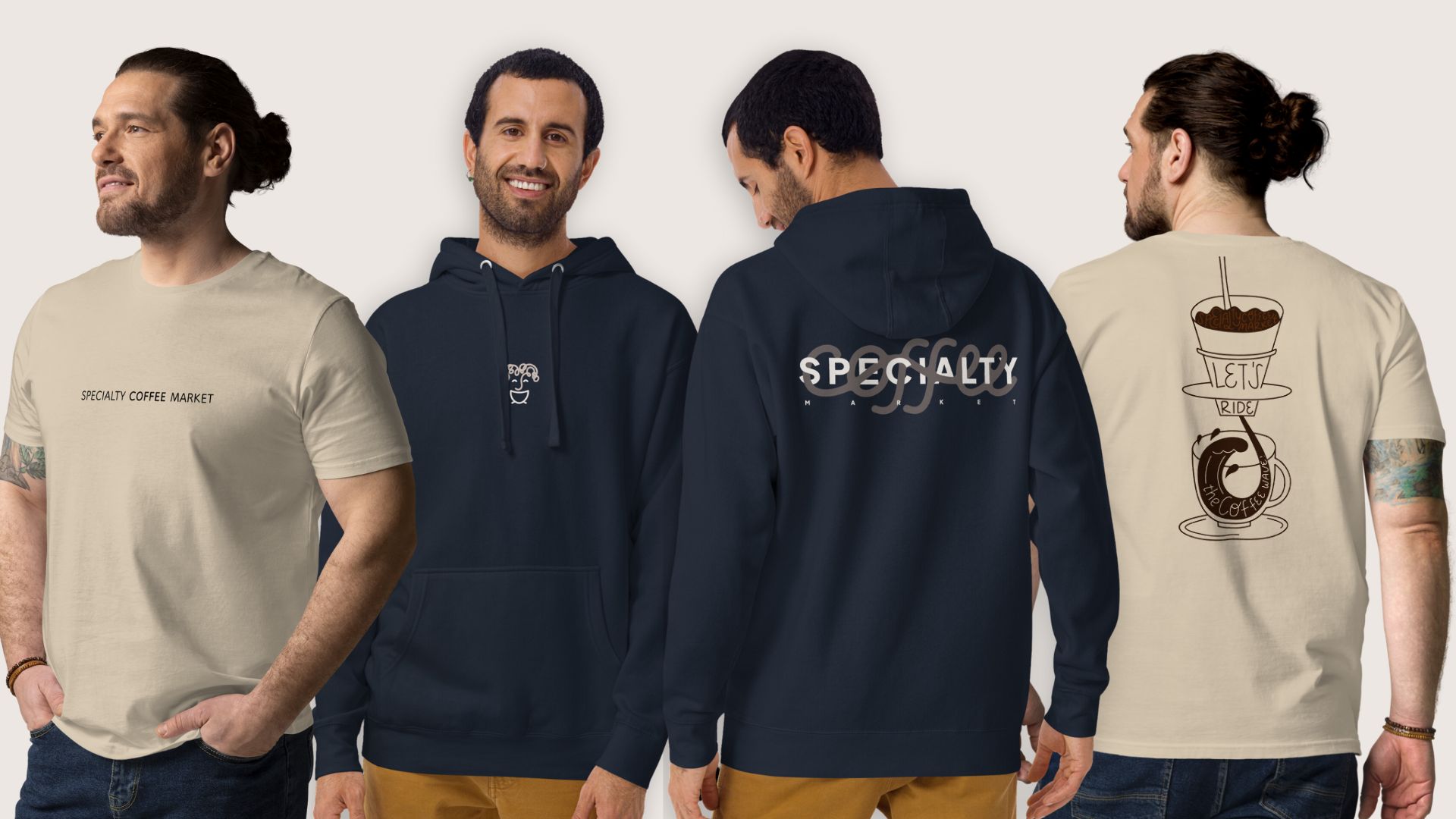 Productos de merchandising de Specialty Coffee Market con el nuevo sistema visual aplicado: camisetas y sudaderas con el logotipo y diseños ilustrados.