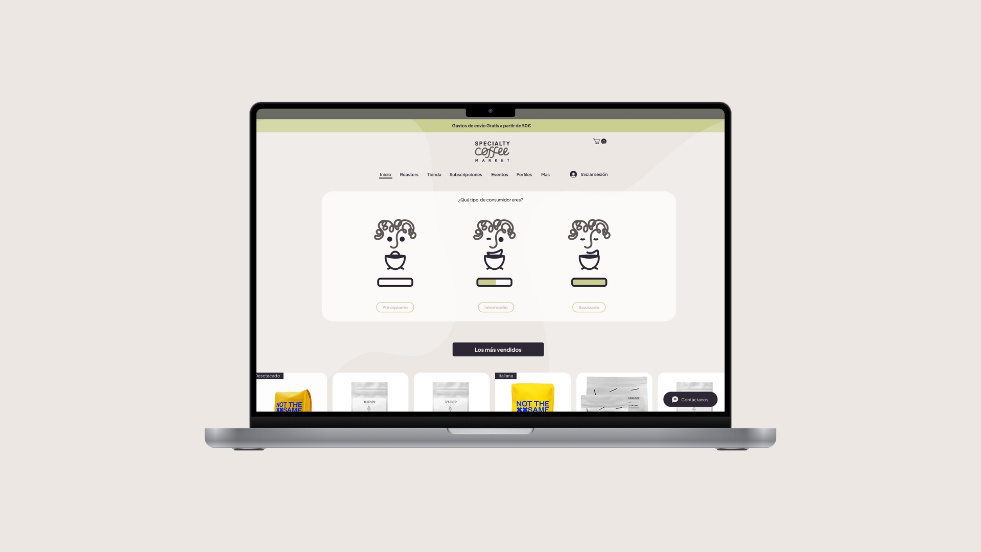Página web de Specialty Coffee Market con el nuevo sistema visual aplicado, mostrando el imagotipo y estilo gráfico en entorno digital.