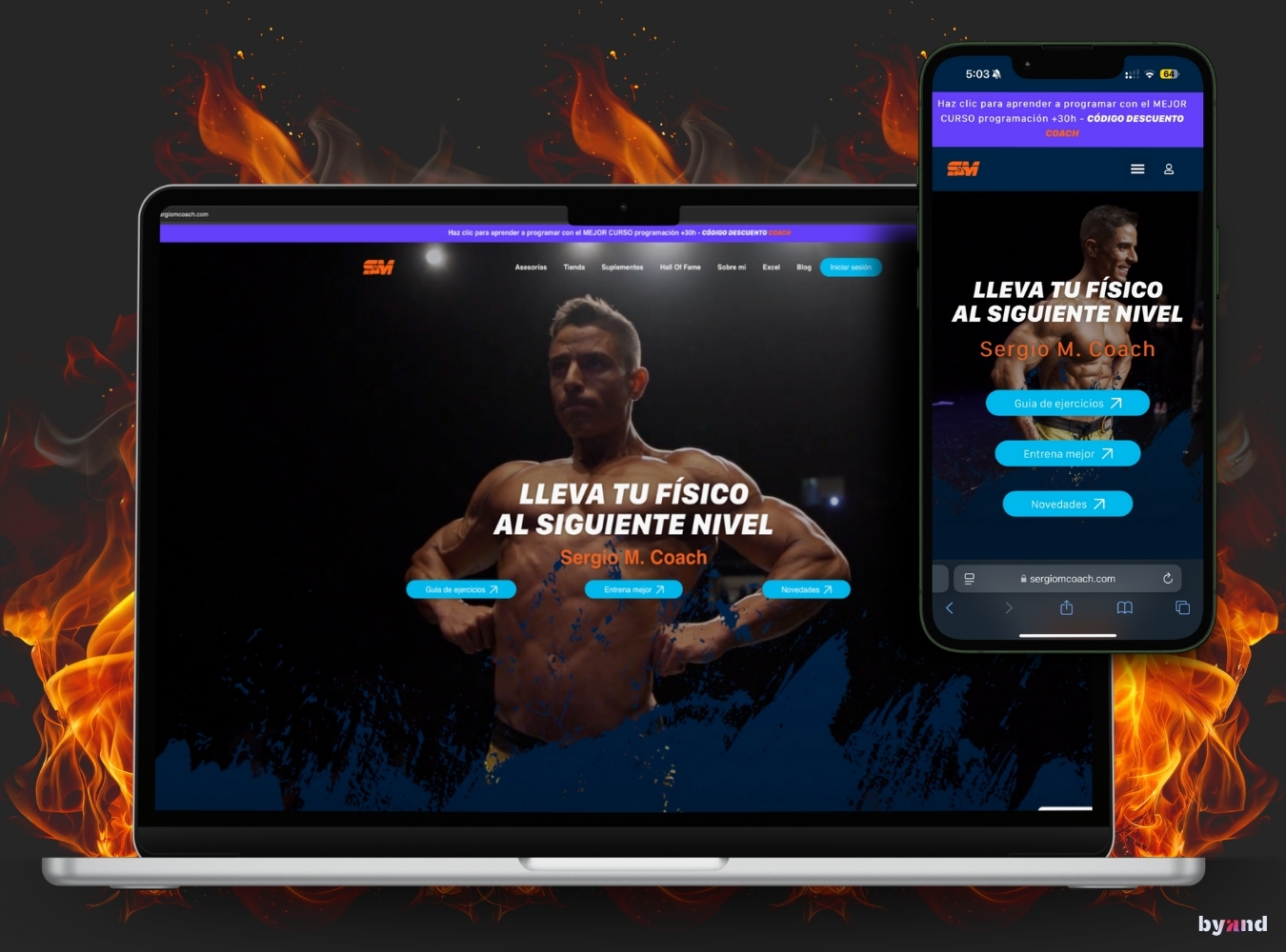Vista en mockup de la página web responsive de Sergio M. Coach, entrenador personal, diseñada con enfoque visual impactante. Diseño web para marca como entrenador personal adaptado a móvil y escritorio, con identidad potente y llamada a la acción clara para captar clientes en el sector fitness.