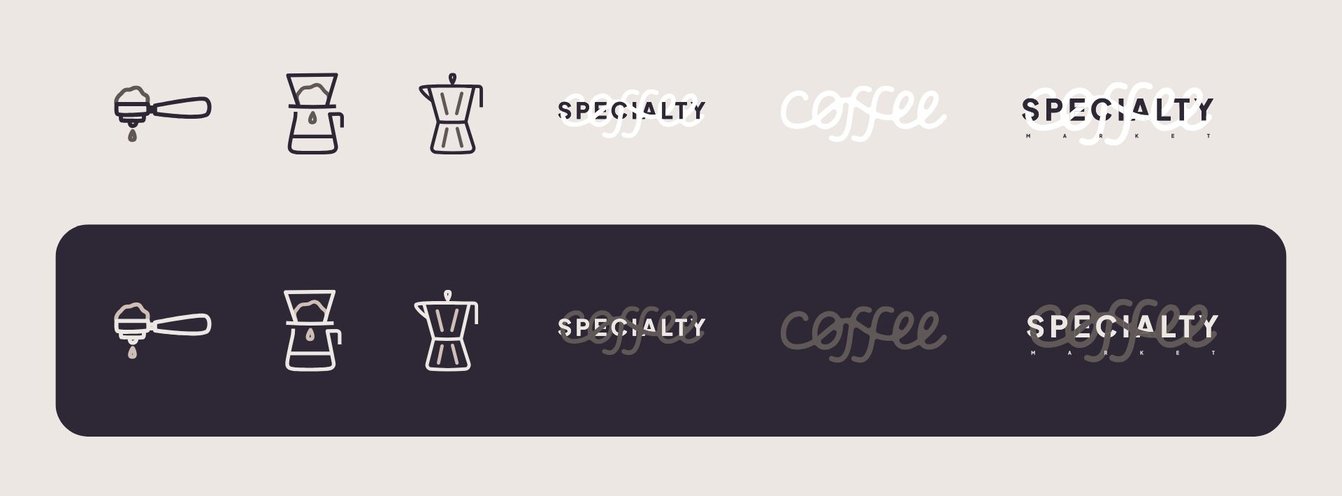 Diferentes versiones del imagotipo de Specialty Coffee Market mostrando múltiples expresiones y configuraciones del símbolo de la cara con rizos.