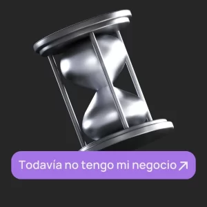 Reloj de arena metálico sobre fondo negro con botón morado que dice “Todavía no tengo un negocio”. Para artículo “¿Necesito una página web para mi negocio?”