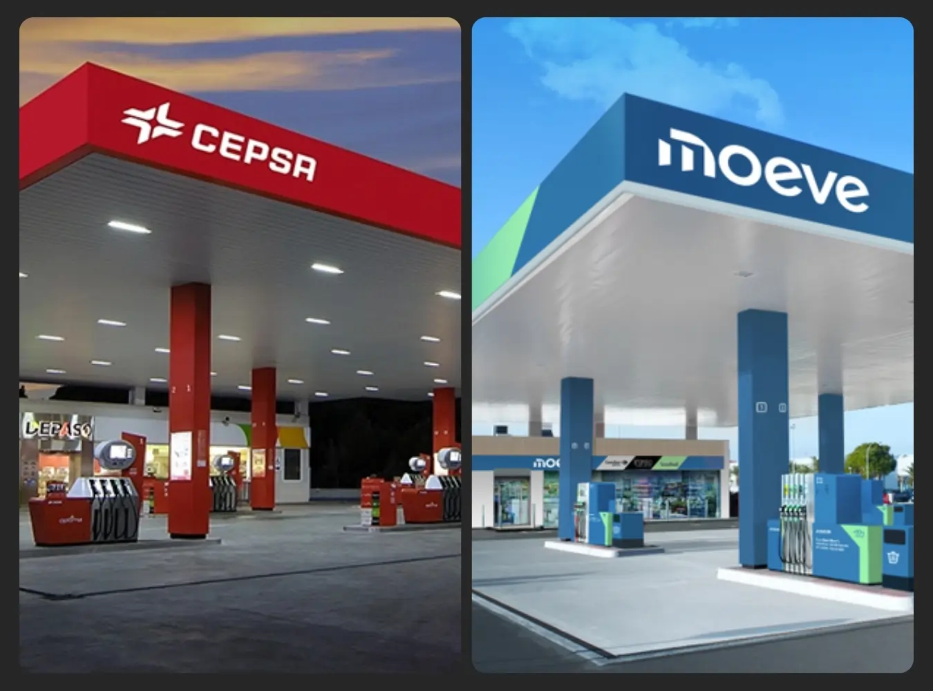 Transformación visual de las estaciones de servicio de Cepsa a Moeve, evidenciando el cambio completo de identidad de marca como parte de su estrategia de rebranding hacia un modelo más sostenible.