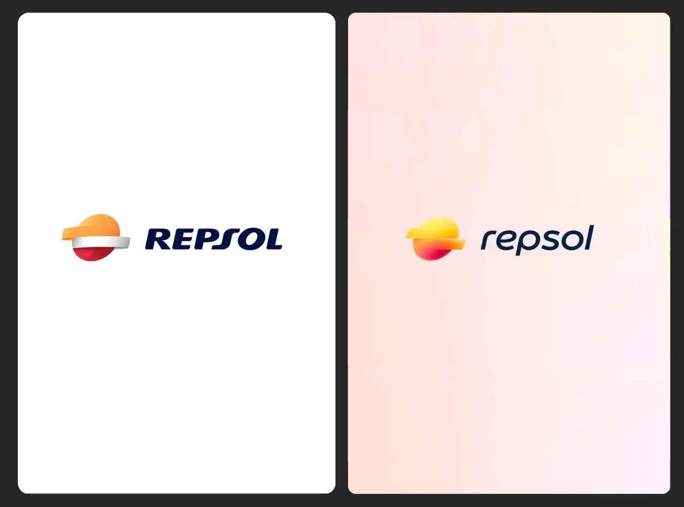 Comparación del logo antiguo y el nuevo de Repsol, mostrando una evolución visual más suave y moderna con degradados y tipografía más amigable, dentro de un proceso de restyling de marca.