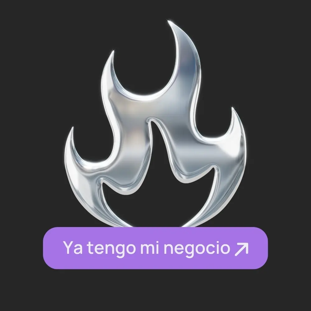 Icono de llama metálica plateada sobre fondo negro con botón morado que dice “Ya tengo mi negocio”. Para artículo “¿Necesito una página web para mi negocio?”