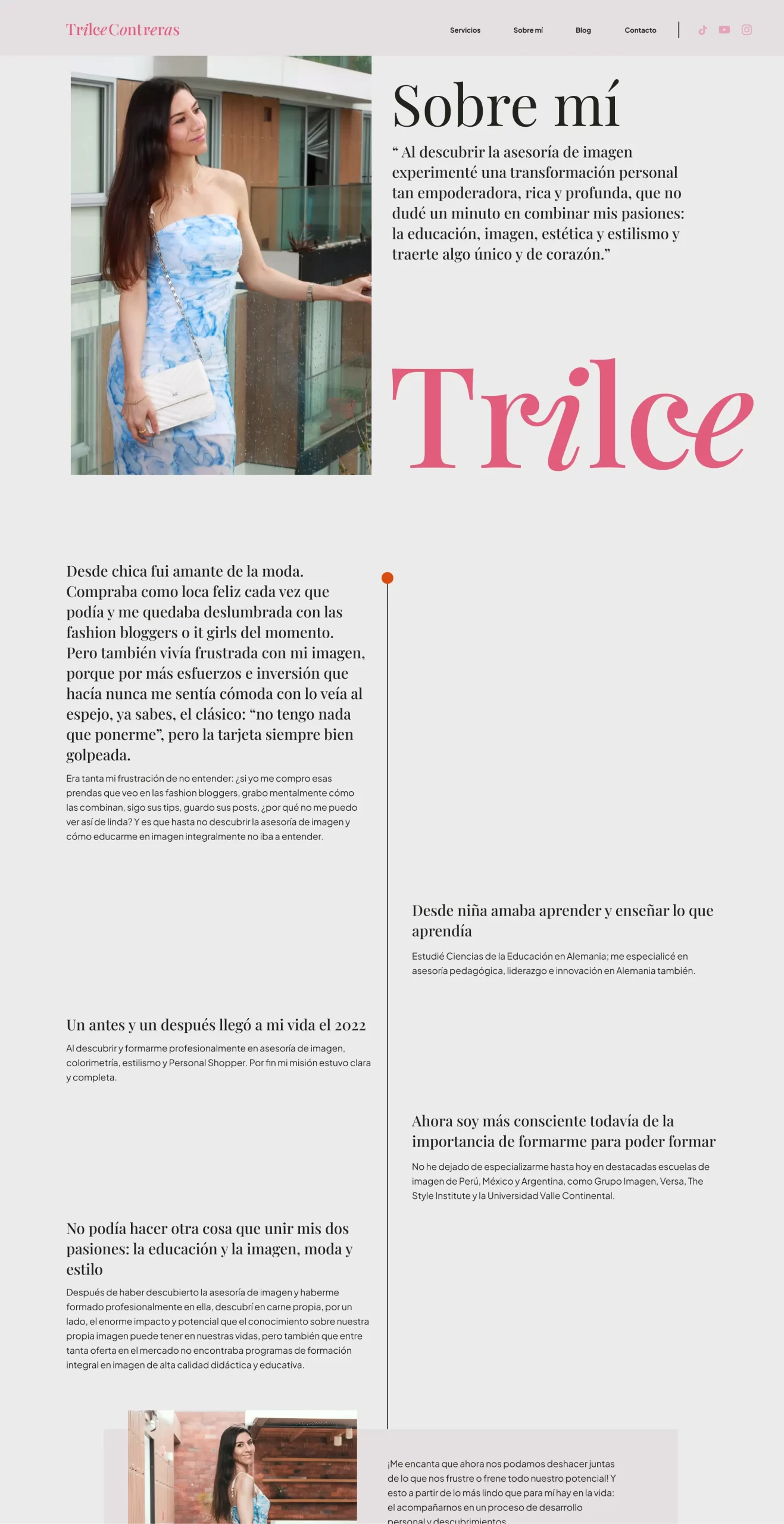 Sección 'Sobre mí' del sitio web de Trilce Contreras, con retrato de la fundadora, historia personal y formación profesional en imagen.