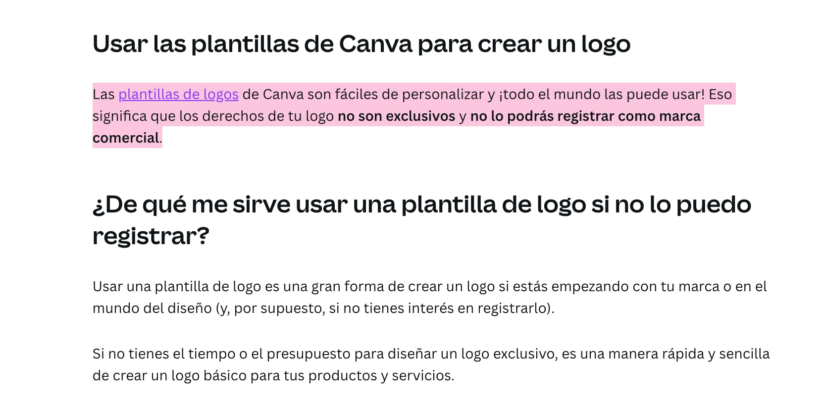 Captura de pantalla del centro de ayuda de Canva que explica que al crear el logo con inteligencia artificial o Canva, no se pueden registrar como marca comercial, ya que los derechos no son exclusivos.