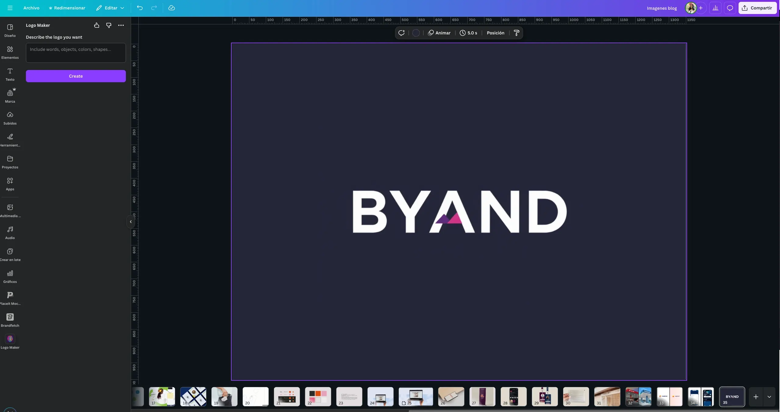 Captura de pantalla del editor de Canva mostrando un logo generado para la marca BYAND, con tipografía blanca sobre fondo violeta oscuro y un ícono triangular rosa integrado en la letra A.