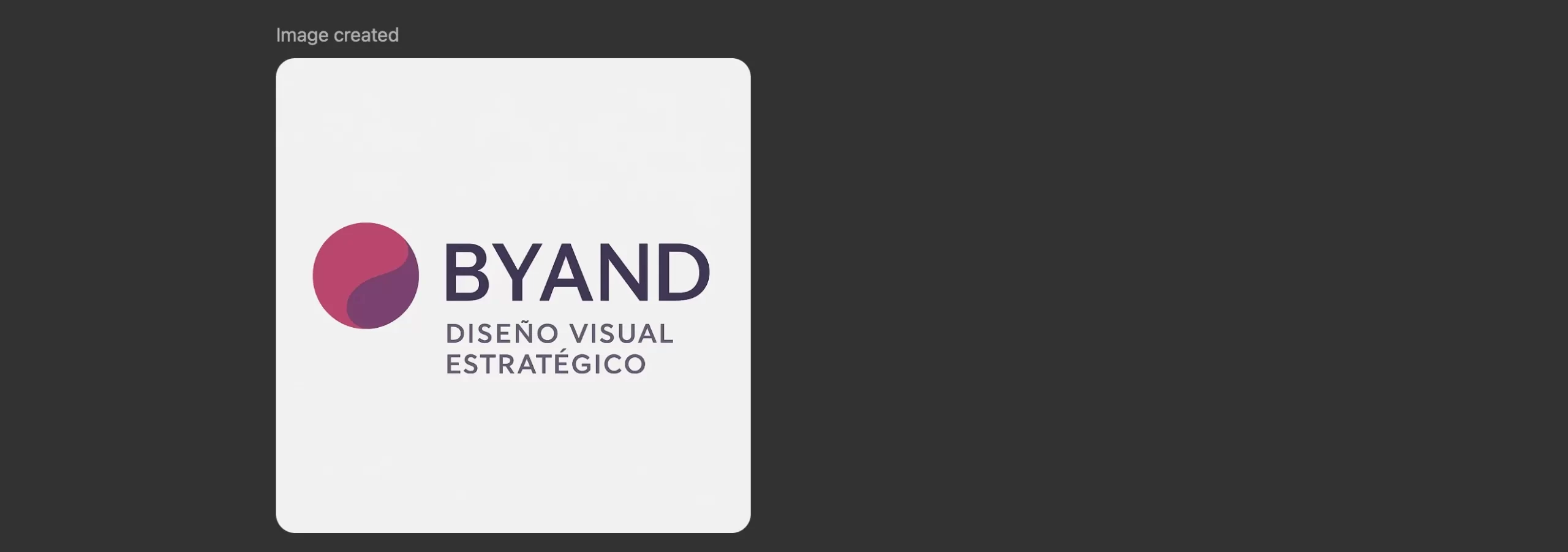 Logo generado con inteligencia artificial para la marca BYAND, con un símbolo abstracto circular en tonos fucsia y violeta, acompañado del texto “BYAND – Diseño Visual Estratégico” sobre fondo claro.
